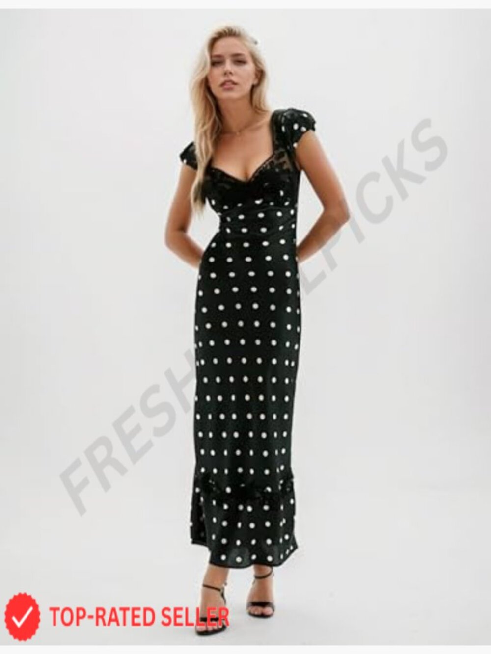 Women Polka Dot Maxi Dress Boho Lace Patchwork A-Line V-Neck Cap Sleeve - Picture 6 of 7